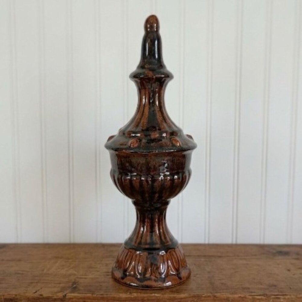 Vintage MCM Ceramic Finial Statue 16" Brown Black Drip Glaze Retro Table Decor